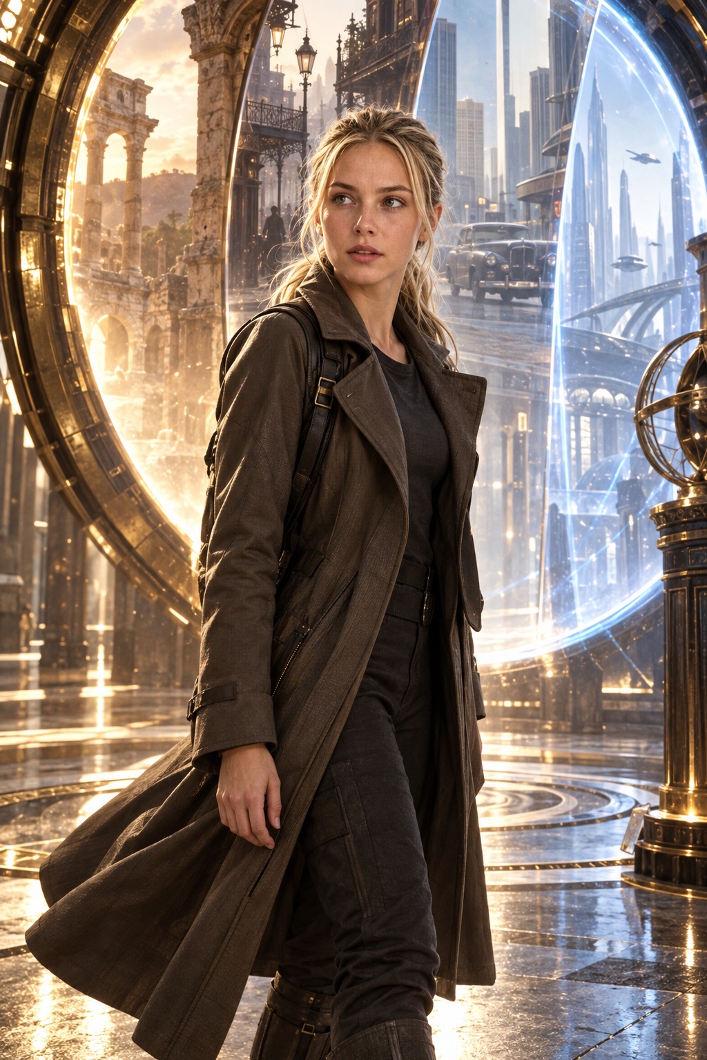 A face-visible cinematic card crop of a woman standing inside a time-travel arrival hall