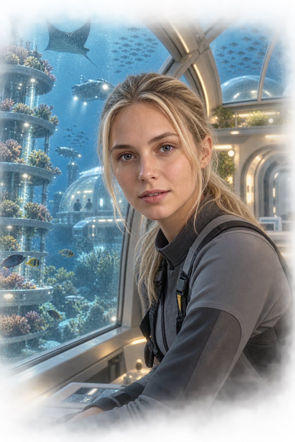 A face-visible cinematic card crop of a woman inside a future undersea habitat