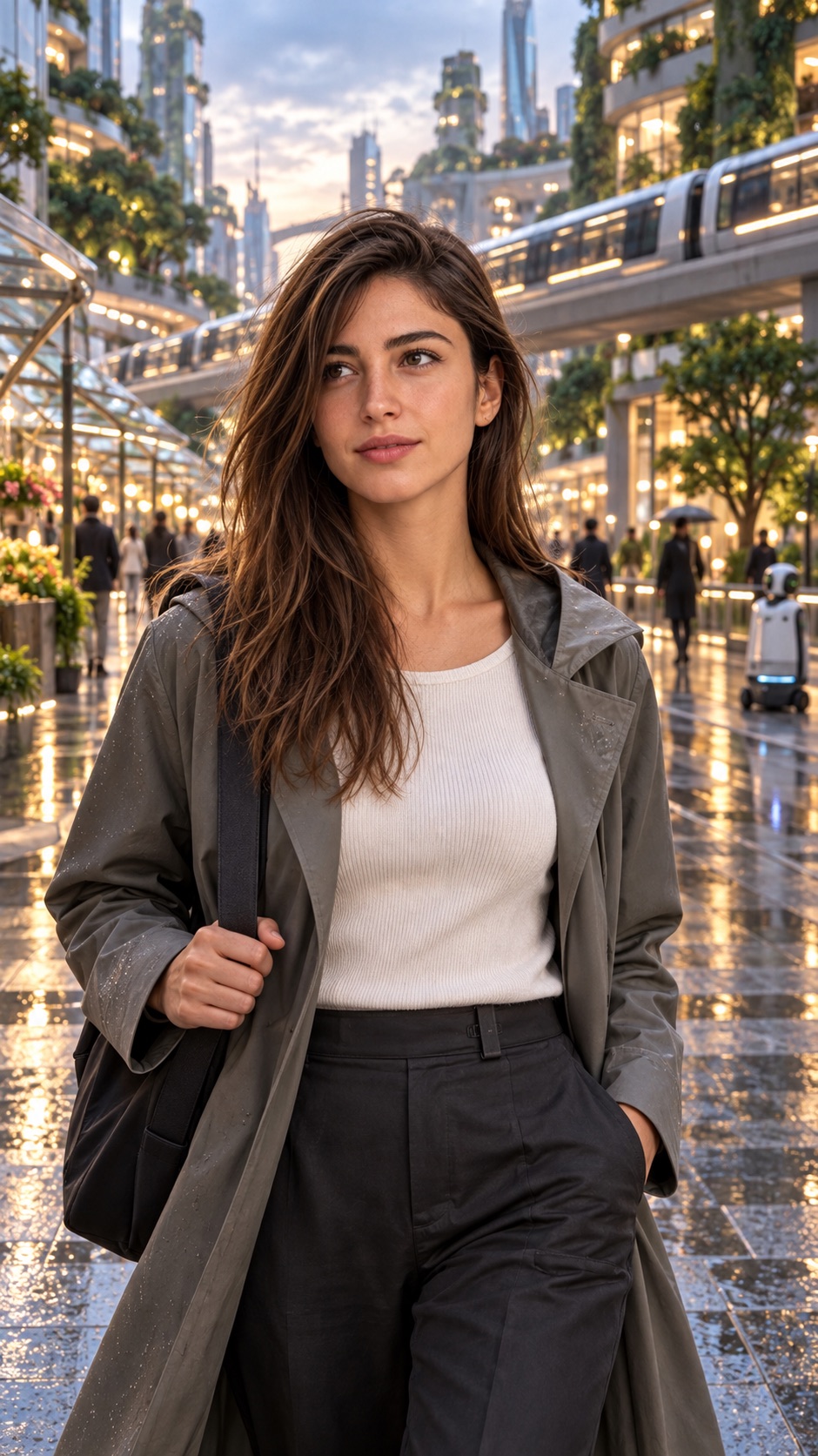 A face-visible cinematic card crop of a woman walking through a humane future city after rain