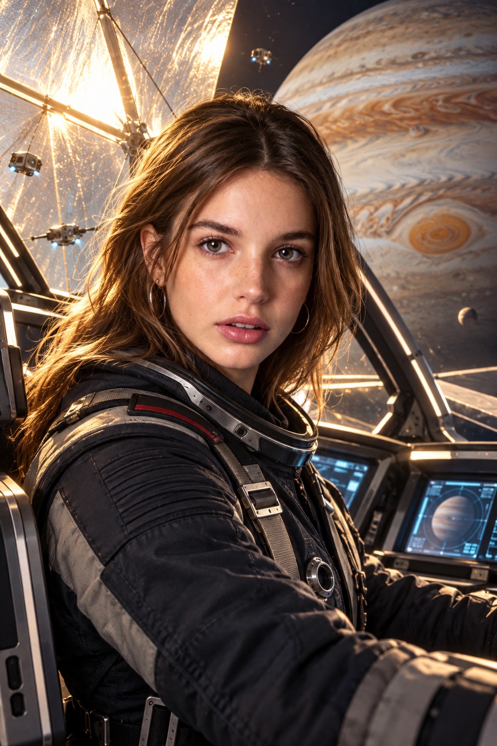 A face-visible cinematic card crop of a woman piloting a solar-sail starship near Jupiter