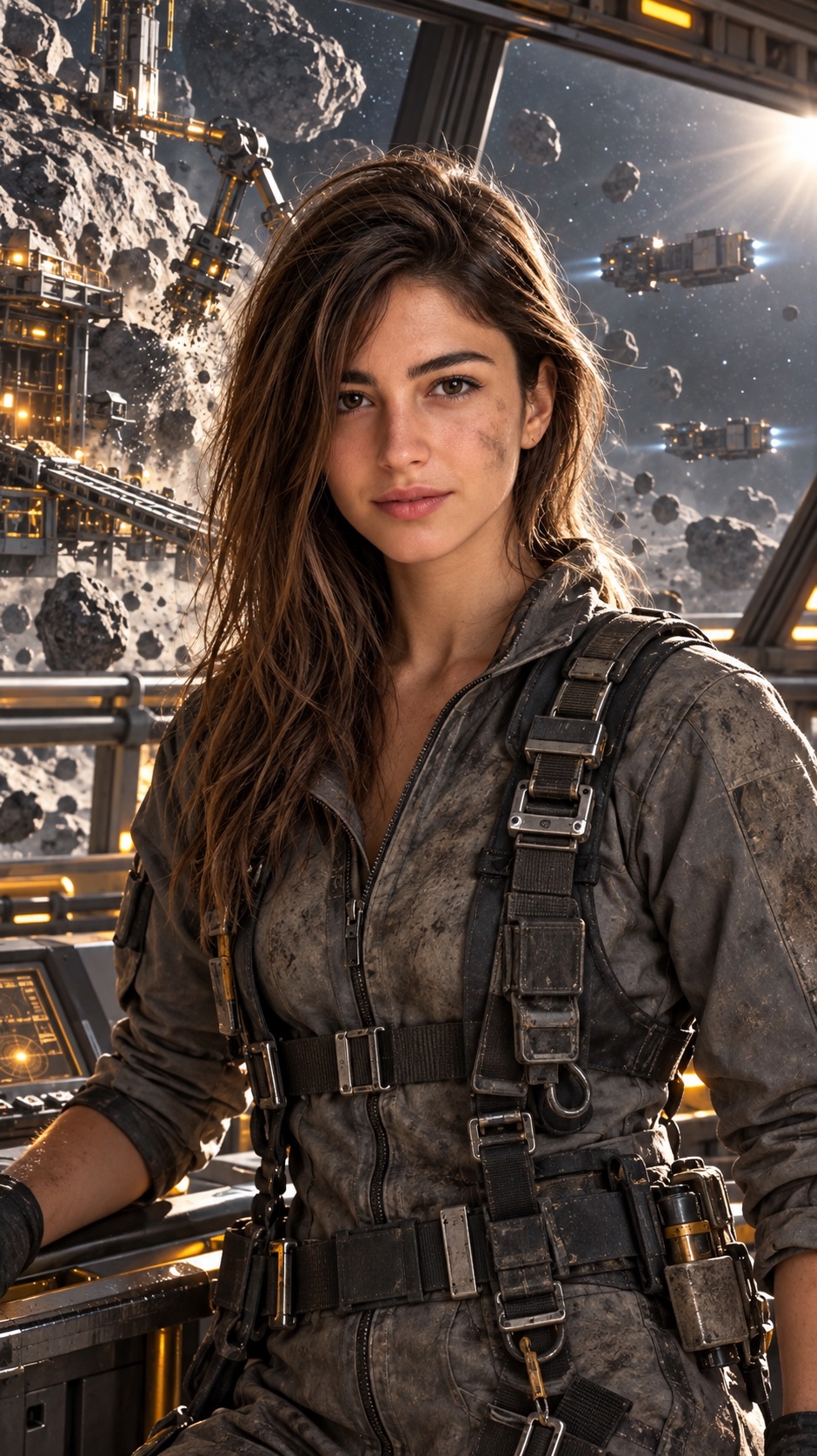 A face-visible cinematic card crop of a woman inside an asteroid mining habitat