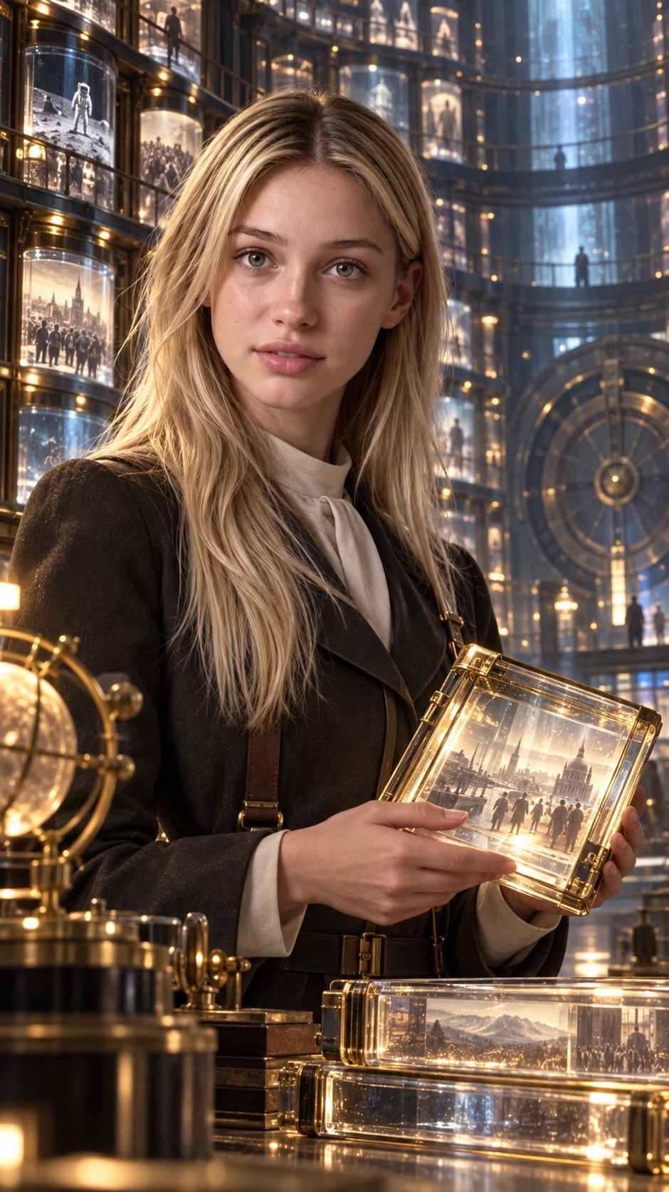A face-visible cinematic card crop of a woman inside a future time archive
