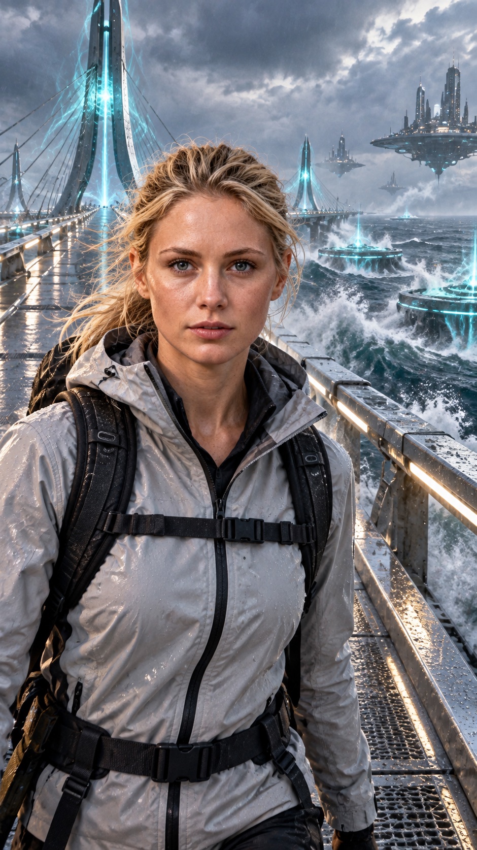 A face-visible cinematic card crop of a woman crossing a quantum ocean bridge