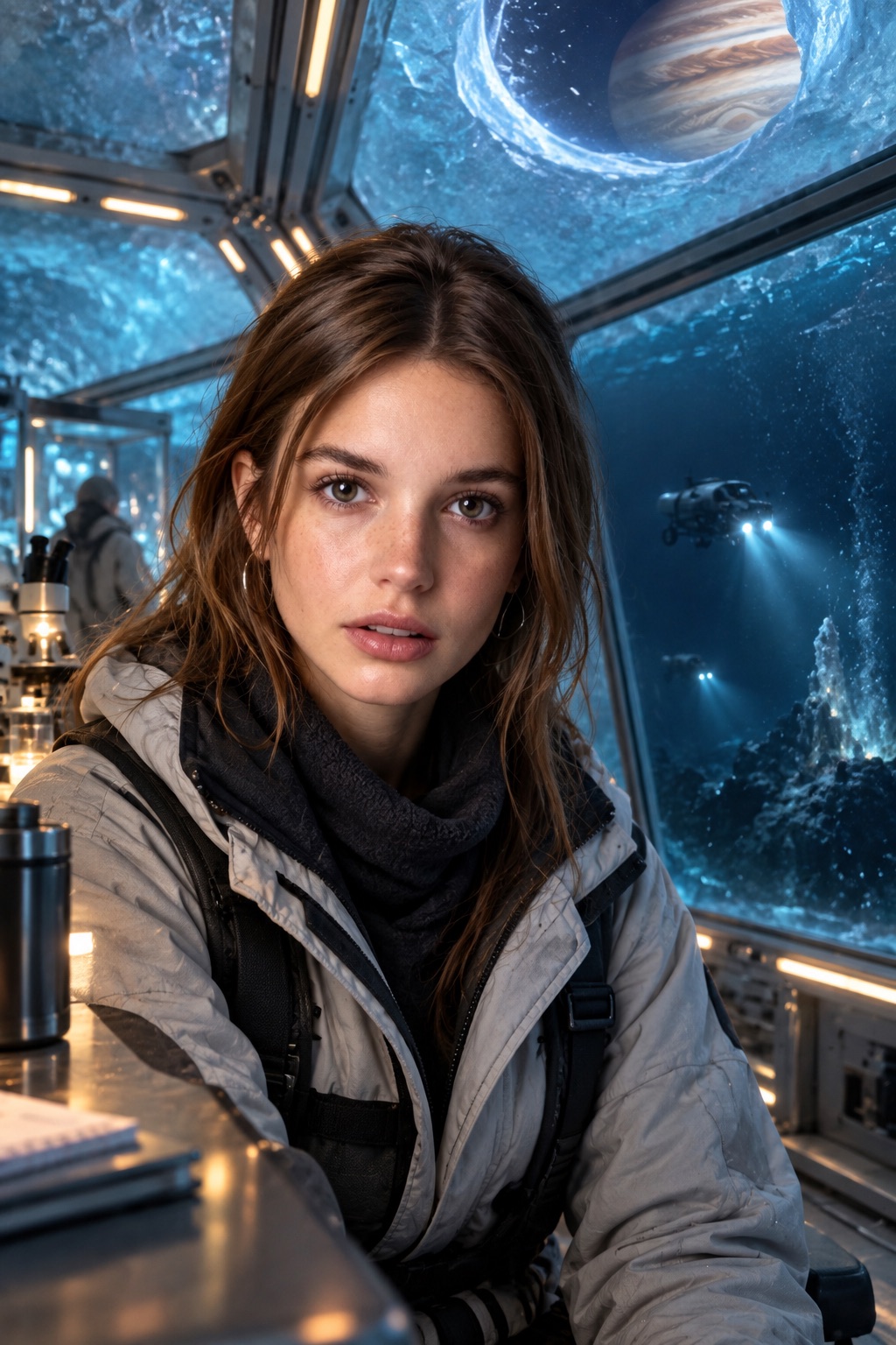 A face-visible cinematic card crop of a woman inside a Europa ice habitat