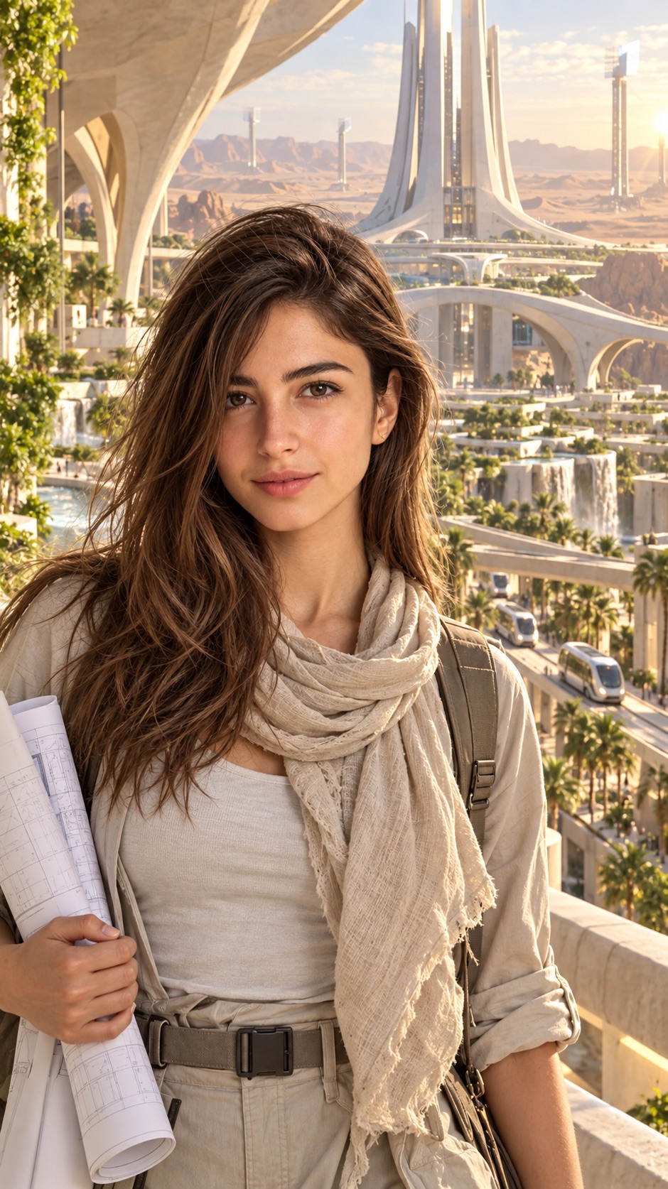 A face-visible cinematic card crop of a woman in a future desert arcology