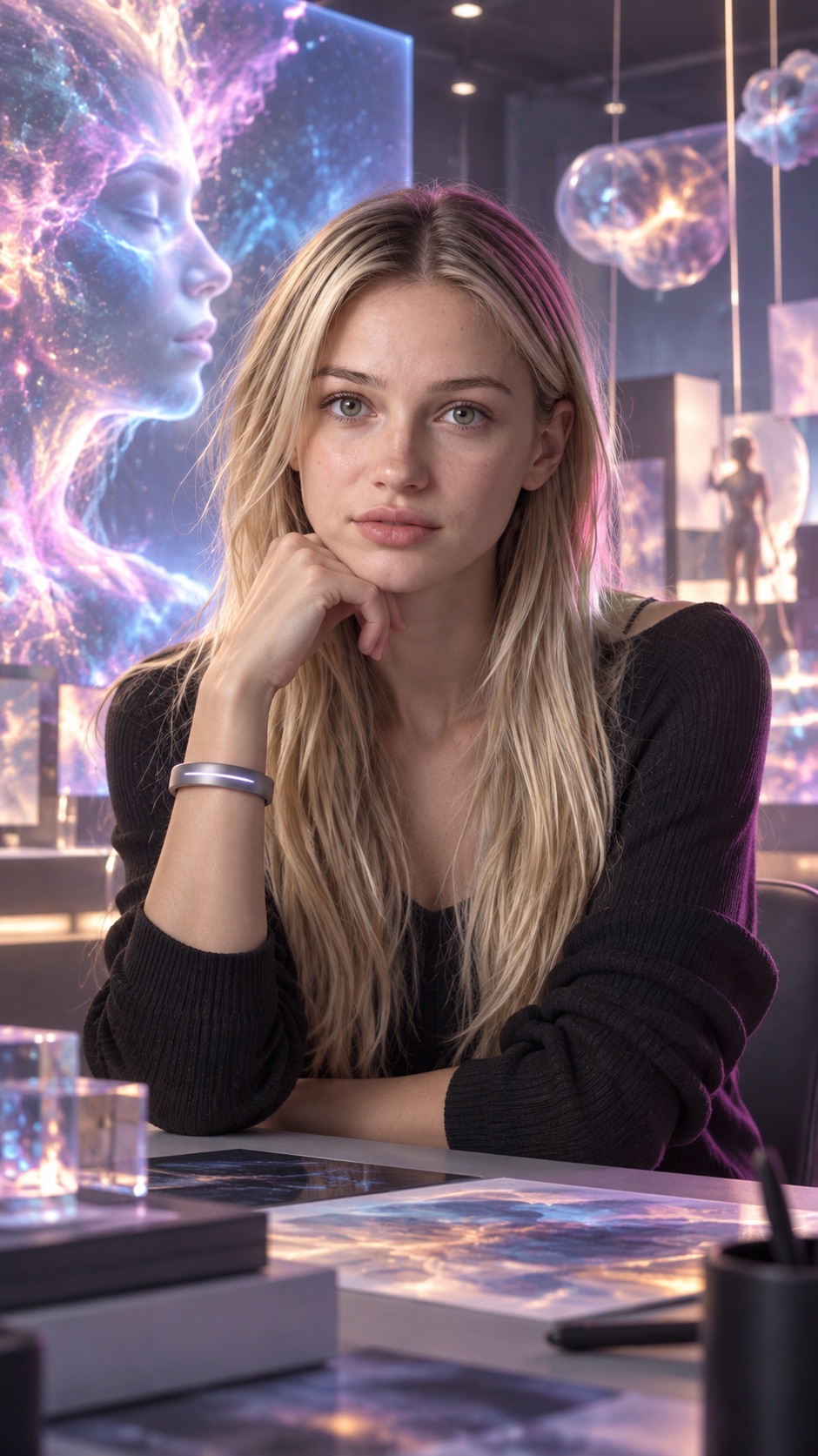A face-visible cinematic card crop of a woman inside a neural dream studio