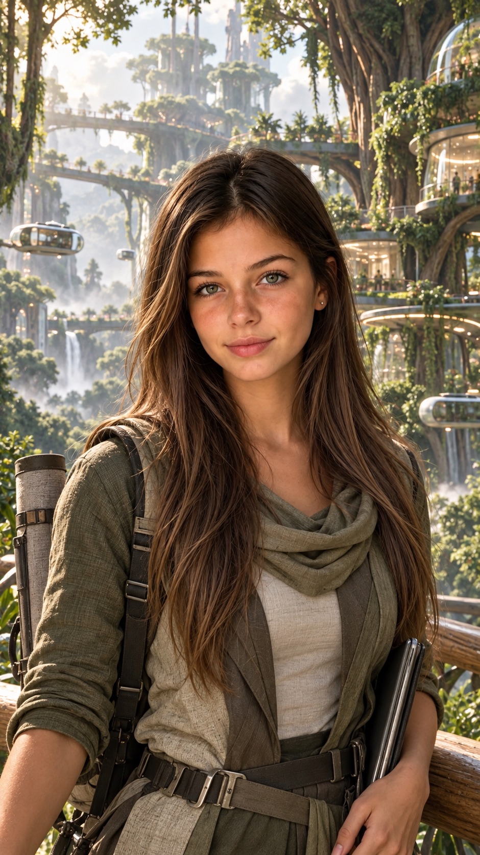 A face-visible cinematic card crop of a woman in a deep future forest city