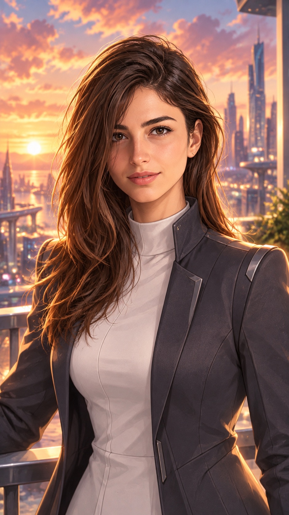 A stylized anime-inspired future city portrait with the subject's face visible