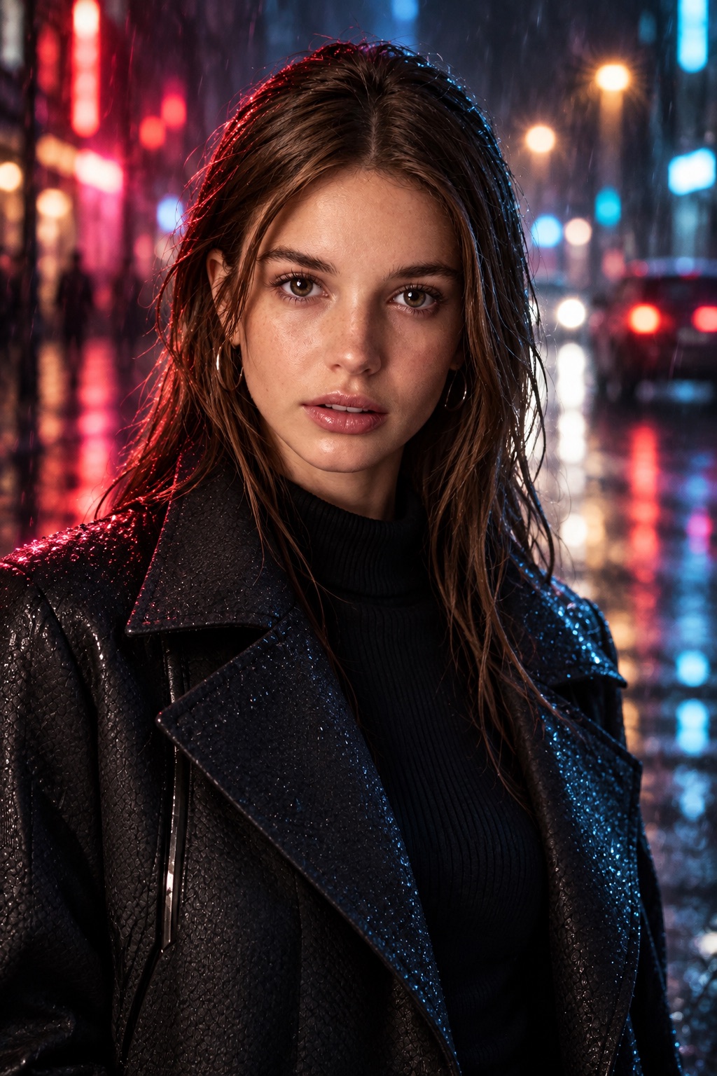 A cinematic rainy street portrait with the subject's face visible