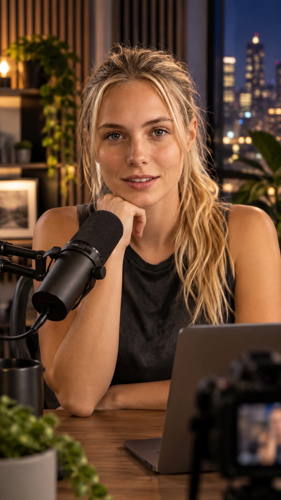 A home studio podcast creator portrait with the subject's face visible