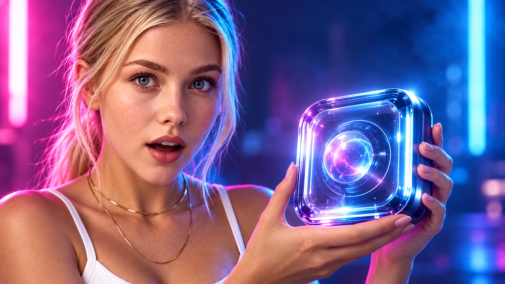 A high-impact futuristic tech reveal thumbnail with a visible face