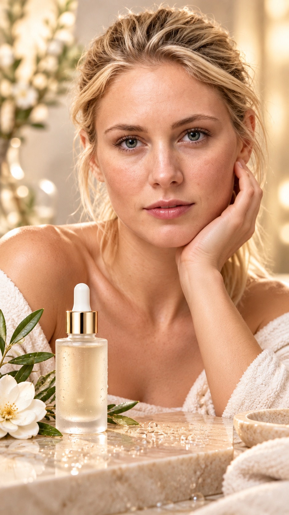 A luxury skincare serum campaign portrait with visible face and product
