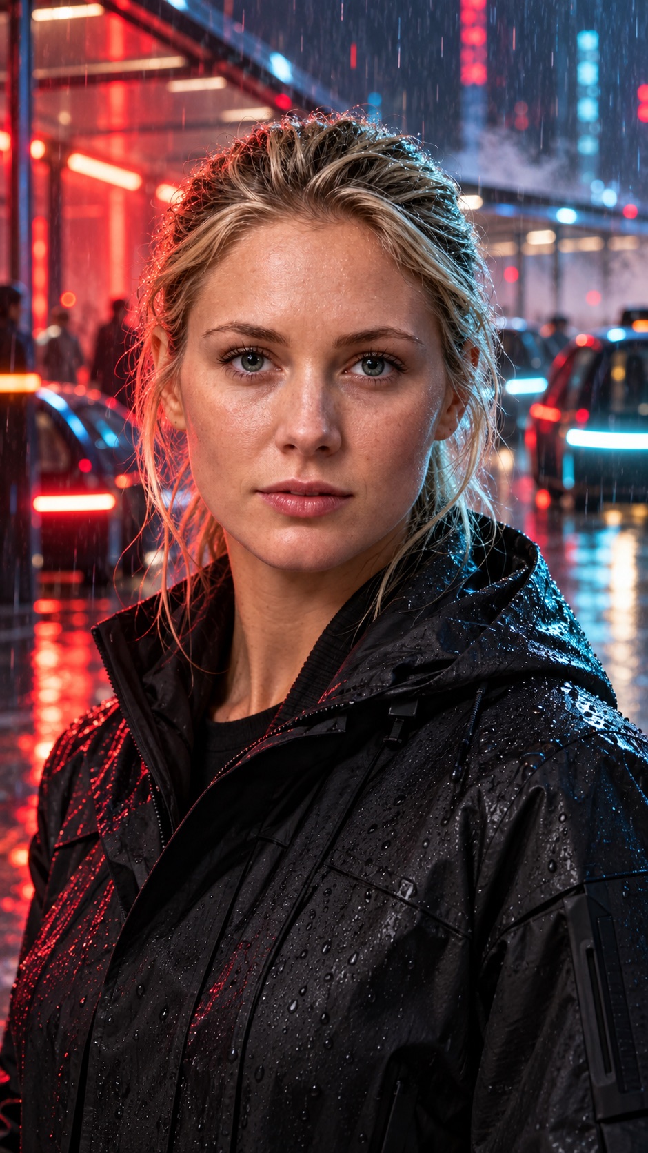 A rainy cyberpunk taxi-stand portrait with neon bokeh