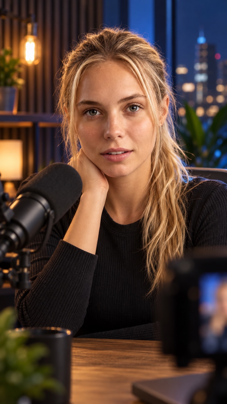 A warm creator podcast studio portrait with a blurred microphone