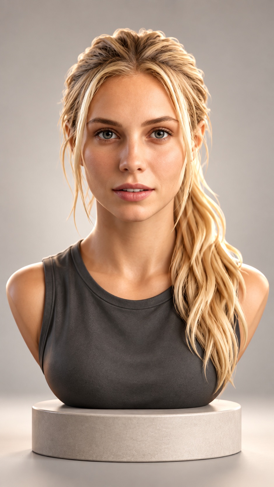A clean 3D personal-brand avatar bust on a studio plinth