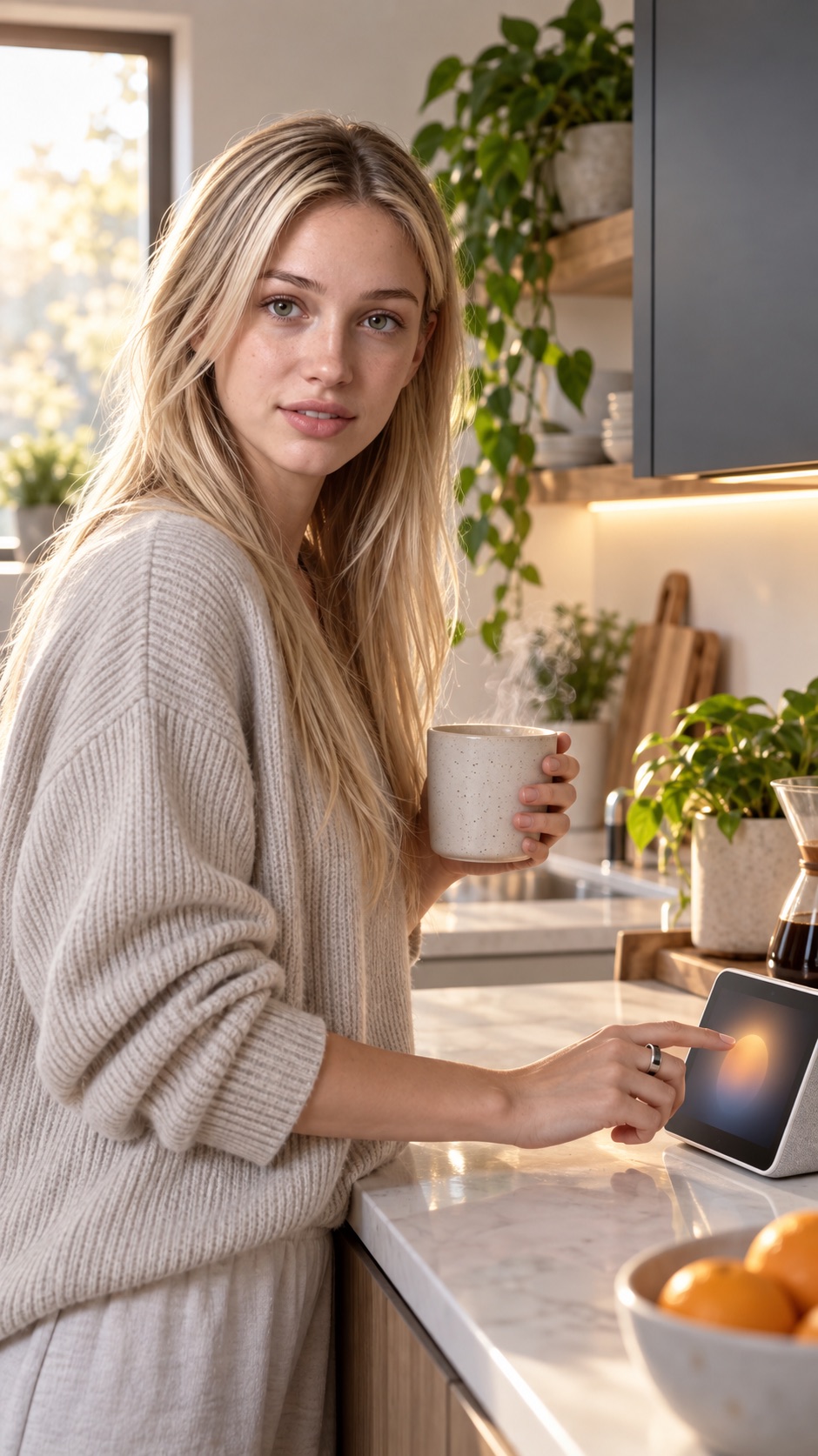A smart-home morning routine lifestyle portrait
